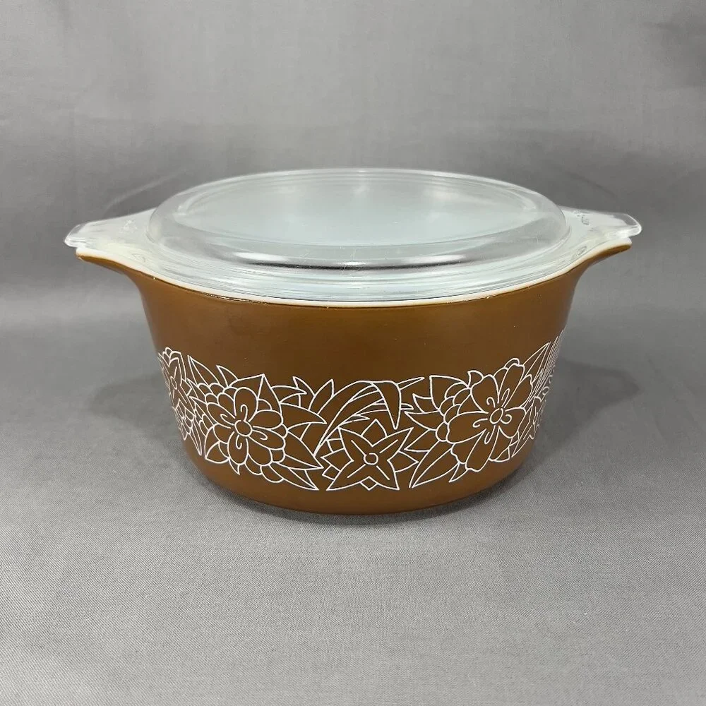 Vintage Pyrex #473B 1L Woodland Baking Casserole Dish Bowl Lid Brown 70s